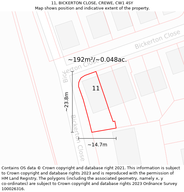 11, BICKERTON CLOSE, CREWE, CW1 4SY: Plot and title map