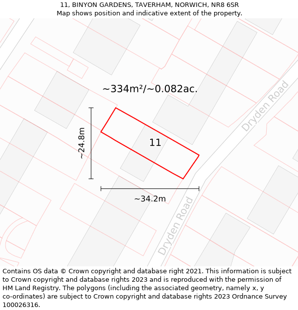 11, BINYON GARDENS, TAVERHAM, NORWICH, NR8 6SR: Plot and title map