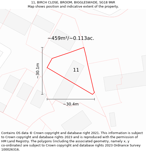 11, BIRCH CLOSE, BROOM, BIGGLESWADE, SG18 9NR: Plot and title map