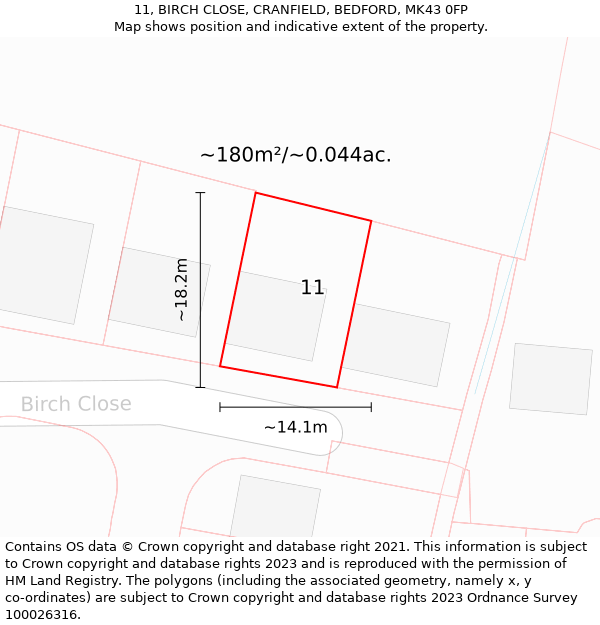 11, BIRCH CLOSE, CRANFIELD, BEDFORD, MK43 0FP: Plot and title map