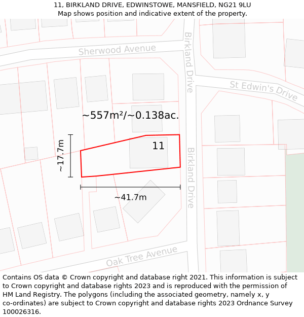 11, BIRKLAND DRIVE, EDWINSTOWE, MANSFIELD, NG21 9LU: Plot and title map