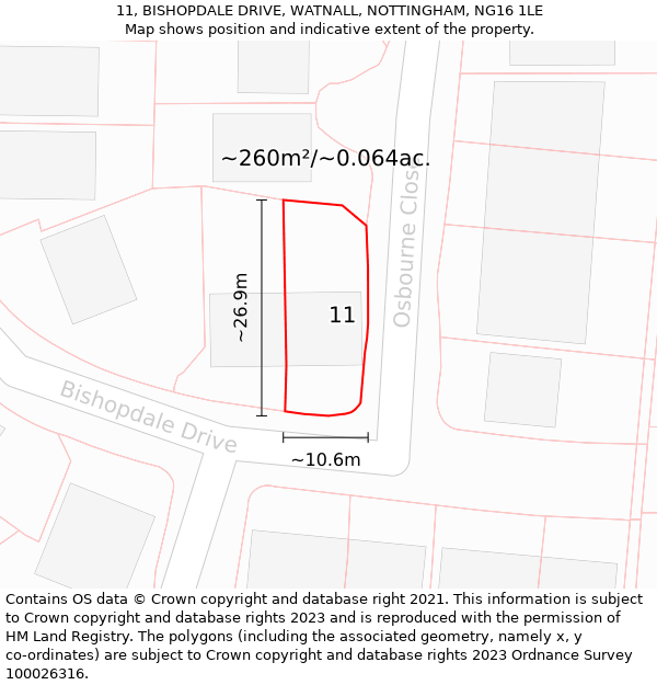 11, BISHOPDALE DRIVE, WATNALL, NOTTINGHAM, NG16 1LE: Plot and title map