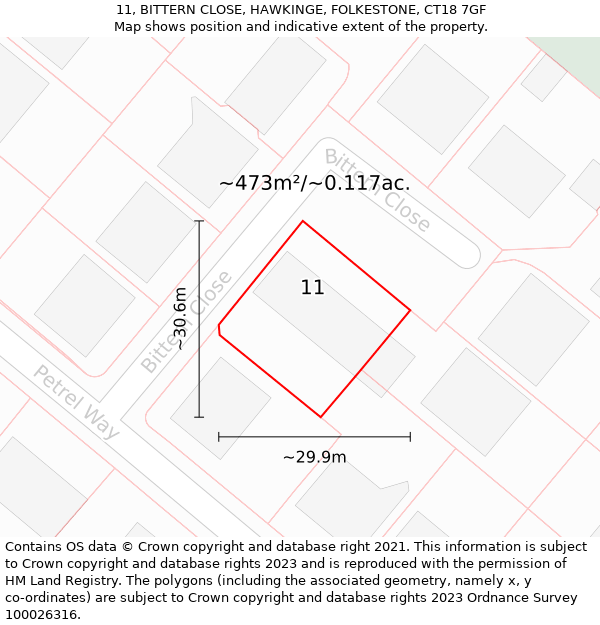 11, BITTERN CLOSE, HAWKINGE, FOLKESTONE, CT18 7GF: Plot and title map