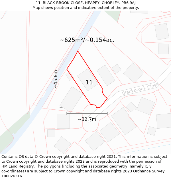 11, BLACK BROOK CLOSE, HEAPEY, CHORLEY, PR6 9AJ: Plot and title map