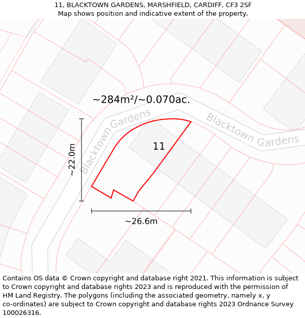 11, BLACKTOWN GARDENS, MARSHFIELD, CARDIFF, CF3 2SF: Plot and title map