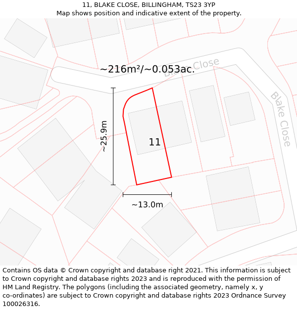 11, BLAKE CLOSE, BILLINGHAM, TS23 3YP: Plot and title map