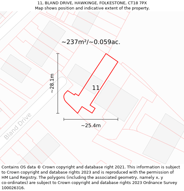 11, BLAND DRIVE, HAWKINGE, FOLKESTONE, CT18 7PX: Plot and title map