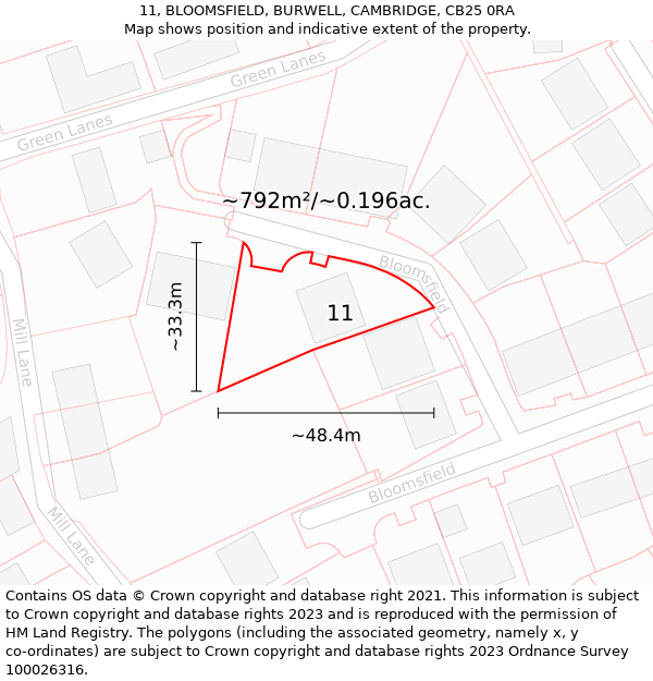 11, BLOOMSFIELD, BURWELL, CAMBRIDGE, CB25 0RA: Plot and title map