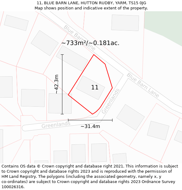 11, BLUE BARN LANE, HUTTON RUDBY, YARM, TS15 0JG: Plot and title map