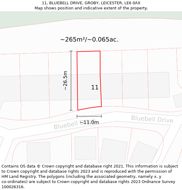 11, BLUEBELL DRIVE, GROBY, LEICESTER, LE6 0AX: Plot and title map