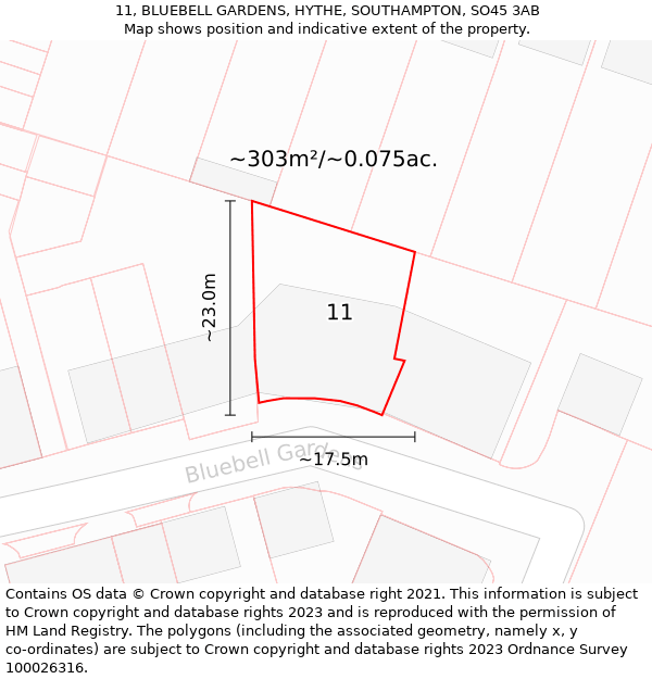 11, BLUEBELL GARDENS, HYTHE, SOUTHAMPTON, SO45 3AB: Plot and title map