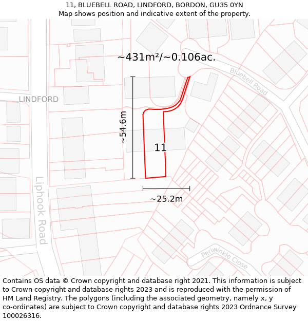 11, BLUEBELL ROAD, LINDFORD, BORDON, GU35 0YN: Plot and title map