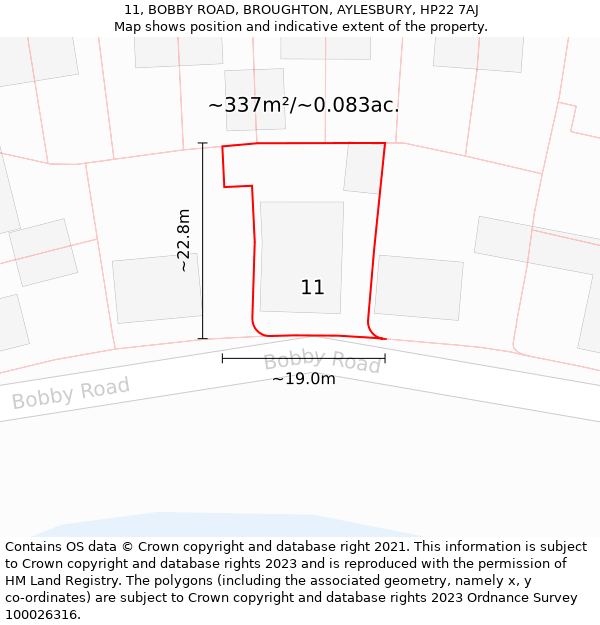 11, BOBBY ROAD, BROUGHTON, AYLESBURY, HP22 7AJ: Plot and title map