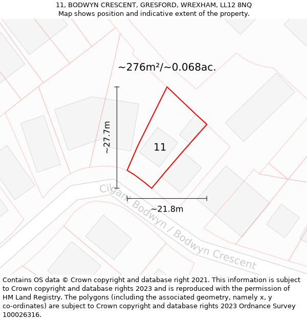 11, BODWYN CRESCENT, GRESFORD, WREXHAM, LL12 8NQ: Plot and title map