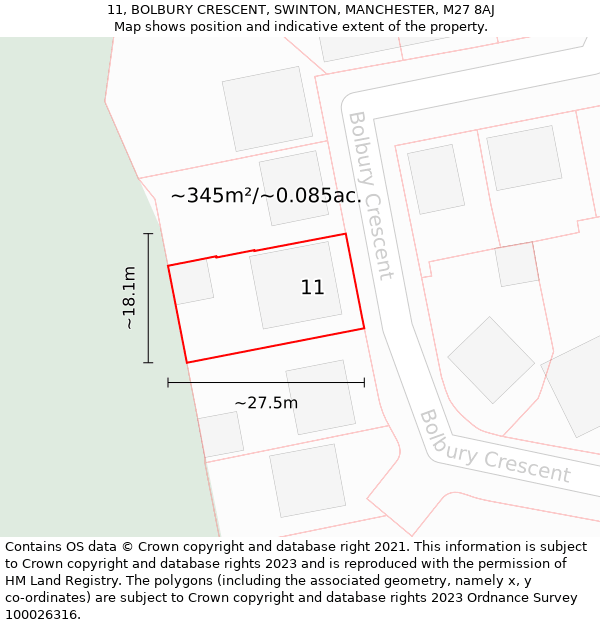 11, BOLBURY CRESCENT, SWINTON, MANCHESTER, M27 8AJ: Plot and title map