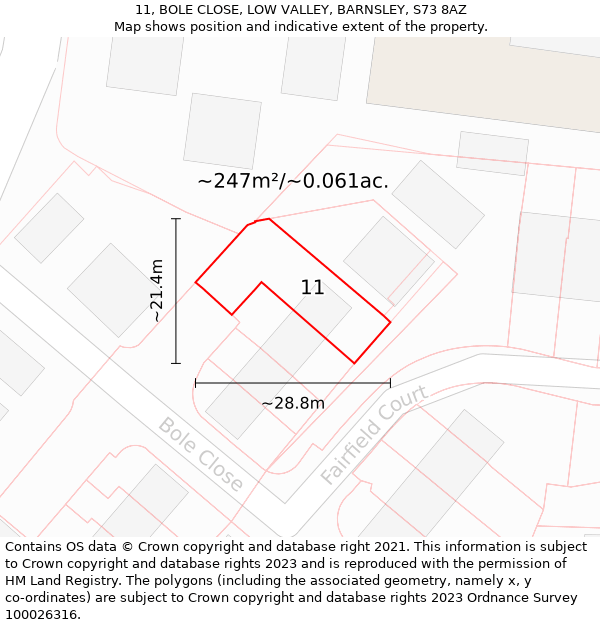 11, BOLE CLOSE, LOW VALLEY, BARNSLEY, S73 8AZ: Plot and title map