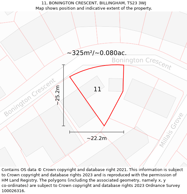 11, BONINGTON CRESCENT, BILLINGHAM, TS23 3WJ: Plot and title map