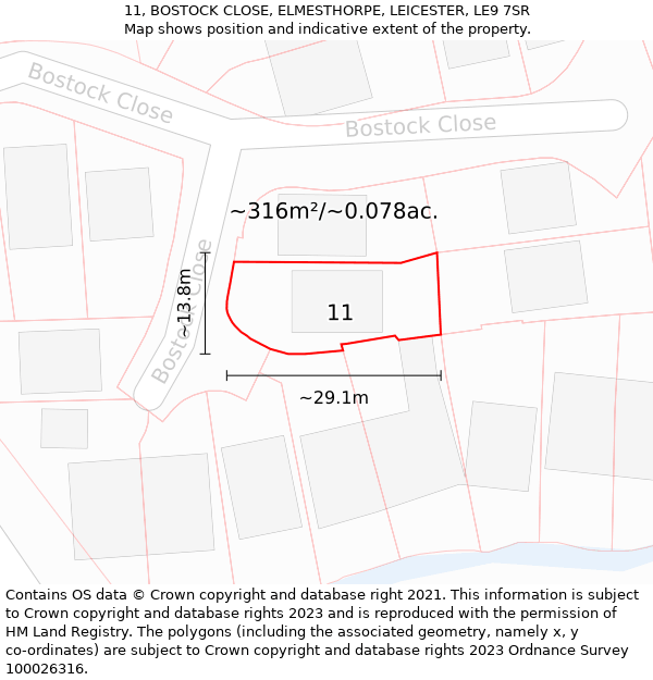 11, BOSTOCK CLOSE, ELMESTHORPE, LEICESTER, LE9 7SR: Plot and title map