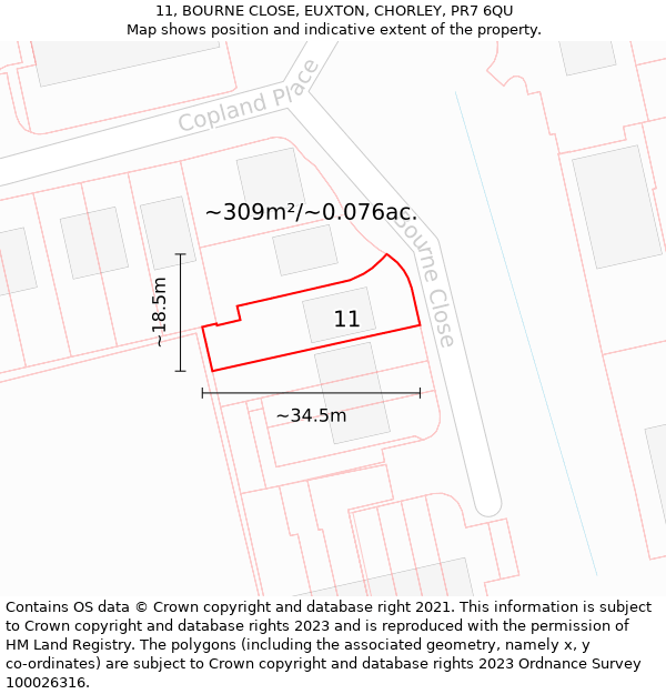 11, BOURNE CLOSE, EUXTON, CHORLEY, PR7 6QU: Plot and title map