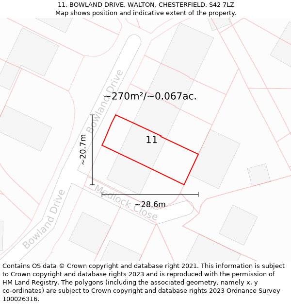 11, BOWLAND DRIVE, WALTON, CHESTERFIELD, S42 7LZ: Plot and title map