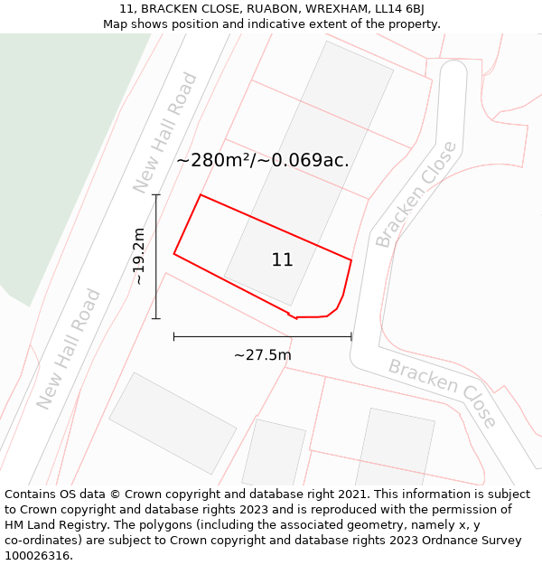 11, BRACKEN CLOSE, RUABON, WREXHAM, LL14 6BJ: Plot and title map