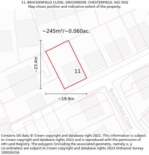 11, BRACKENFIELD CLOSE, GRASSMOOR, CHESTERFIELD, S42 5GQ: Plot and title map