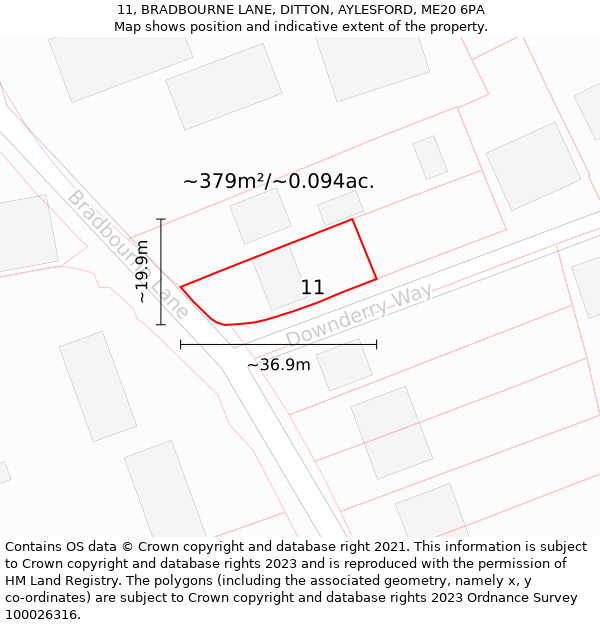 11, BRADBOURNE LANE, DITTON, AYLESFORD, ME20 6PA: Plot and title map