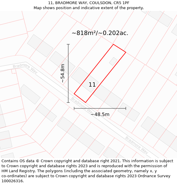 11, BRADMORE WAY, COULSDON, CR5 1PF: Plot and title map