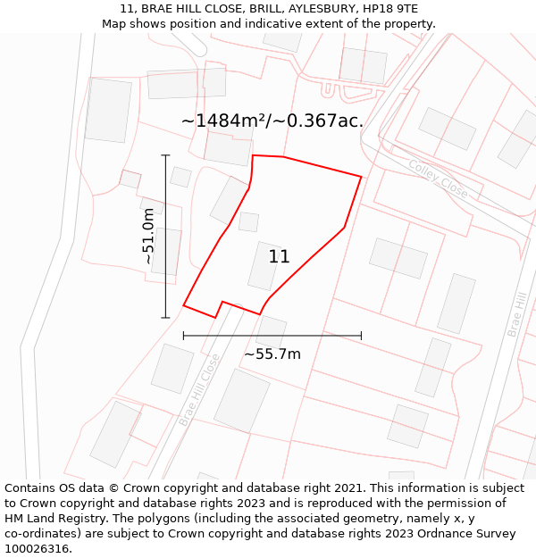 11, BRAE HILL CLOSE, BRILL, AYLESBURY, HP18 9TE: Plot and title map