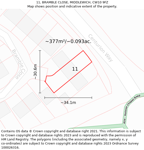 11, BRAMBLE CLOSE, MIDDLEWICH, CW10 9FZ: Plot and title map