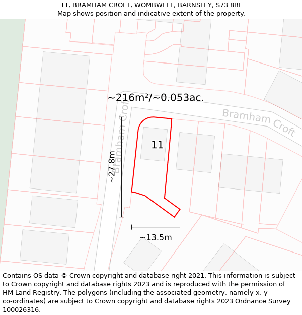 11, BRAMHAM CROFT, WOMBWELL, BARNSLEY, S73 8BE: Plot and title map
