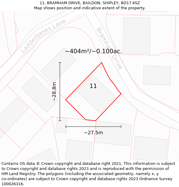 11, BRAMHAM DRIVE, BAILDON, SHIPLEY, BD17 6SZ: Plot and title map