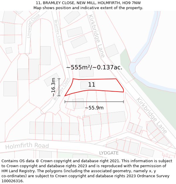 11, BRAMLEY CLOSE, NEW MILL, HOLMFIRTH, HD9 7NW: Plot and title map
