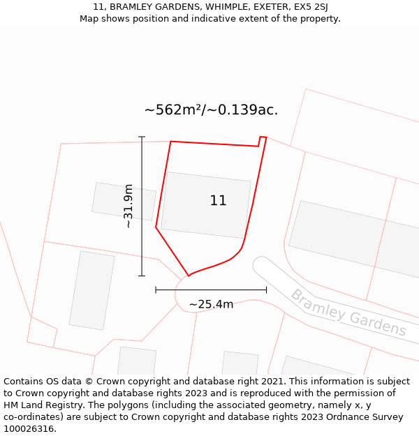 11, BRAMLEY GARDENS, WHIMPLE, EXETER, EX5 2SJ: Plot and title map