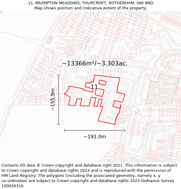 11, BRAMPTON MEADOWS, THURCROFT, ROTHERHAM, S66 9ND: Plot and title map