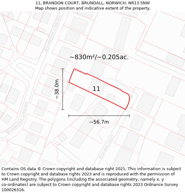 11, BRANDON COURT, BRUNDALL, NORWICH, NR13 5NW: Plot and title map