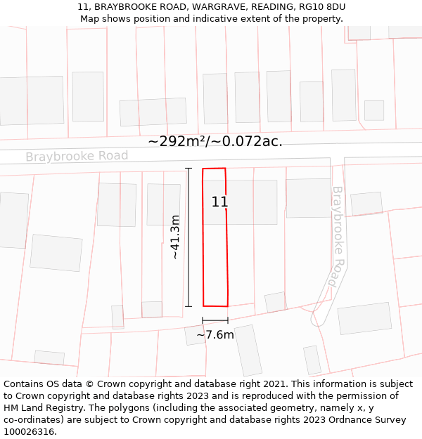 11, BRAYBROOKE ROAD, WARGRAVE, READING, RG10 8DU: Plot and title map