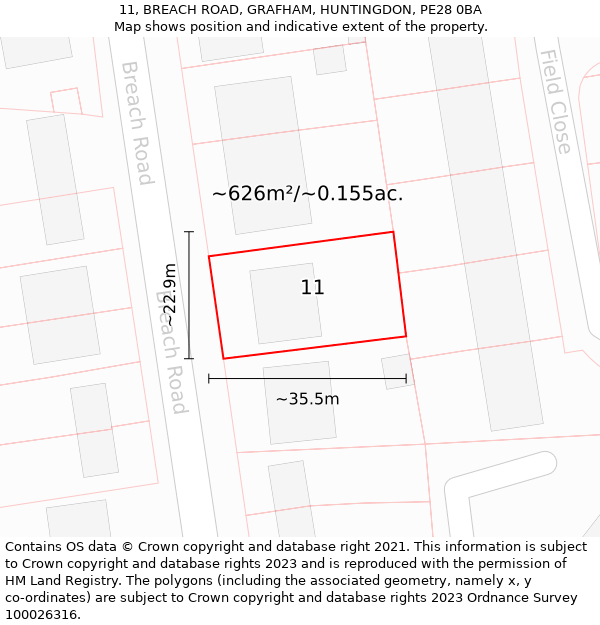 11, BREACH ROAD, GRAFHAM, HUNTINGDON, PE28 0BA: Plot and title map