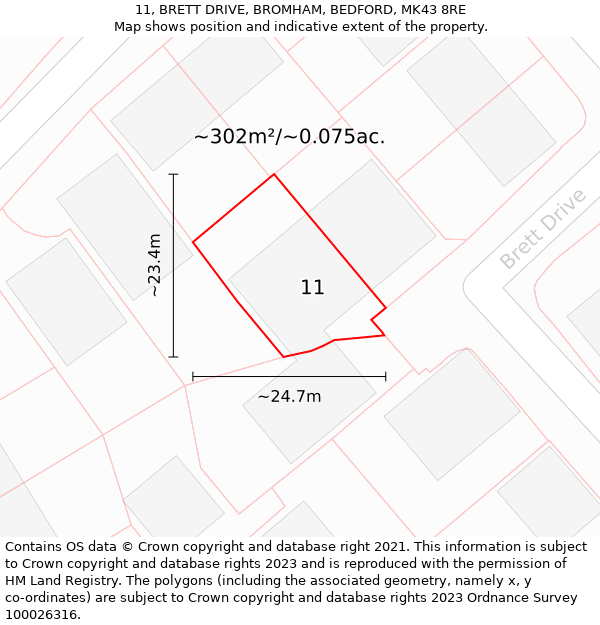 11, BRETT DRIVE, BROMHAM, BEDFORD, MK43 8RE: Plot and title map