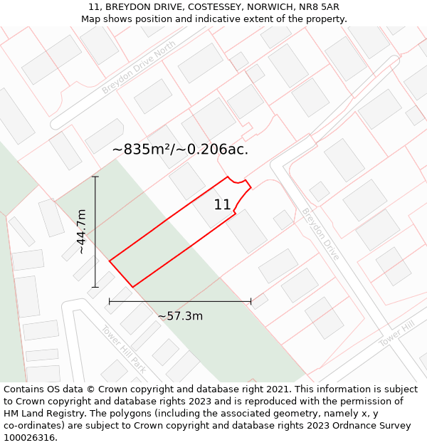 11, BREYDON DRIVE, COSTESSEY, NORWICH, NR8 5AR: Plot and title map