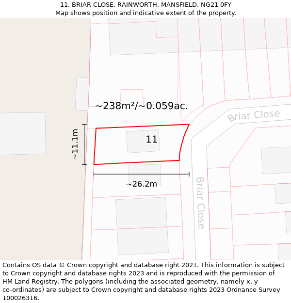 11, BRIAR CLOSE, RAINWORTH, MANSFIELD, NG21 0FY: Plot and title map