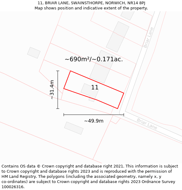 11, BRIAR LANE, SWAINSTHORPE, NORWICH, NR14 8PJ: Plot and title map