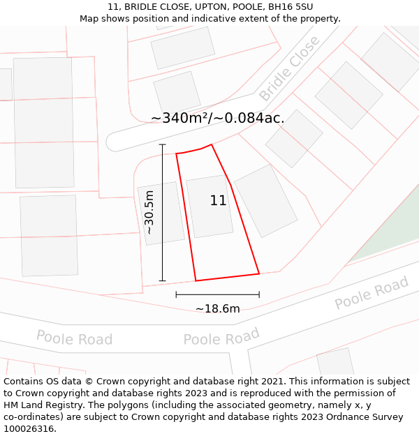 11, BRIDLE CLOSE, UPTON, POOLE, BH16 5SU: Plot and title map