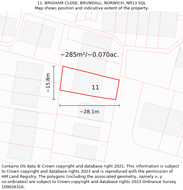 11, BRIGHAM CLOSE, BRUNDALL, NORWICH, NR13 5QL: Plot and title map