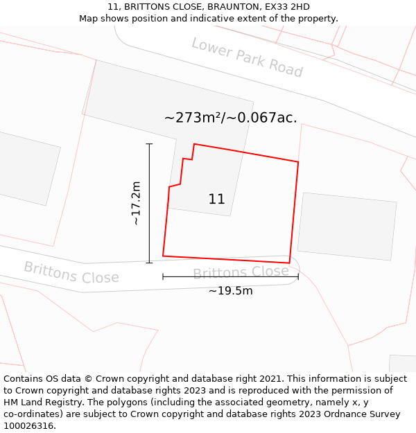 11, BRITTONS CLOSE, BRAUNTON, EX33 2HD: Plot and title map