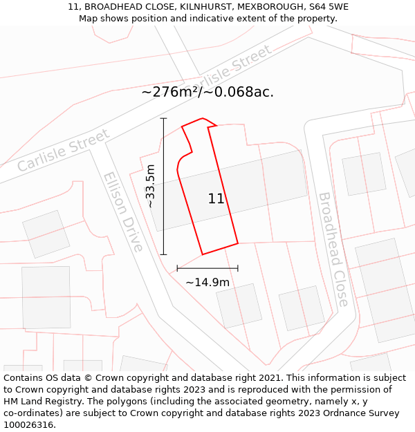 11, BROADHEAD CLOSE, KILNHURST, MEXBOROUGH, S64 5WE: Plot and title map