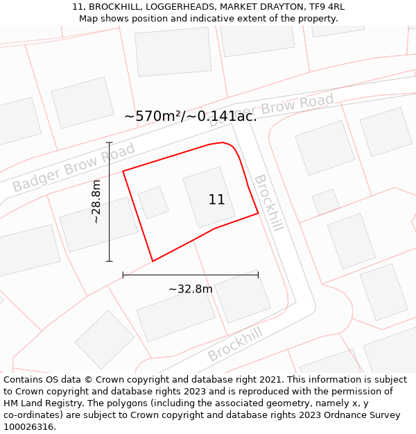 11, BROCKHILL, LOGGERHEADS, MARKET DRAYTON, TF9 4RL: Plot and title map