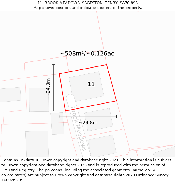 11, BROOK MEADOWS, SAGESTON, TENBY, SA70 8SS: Plot and title map