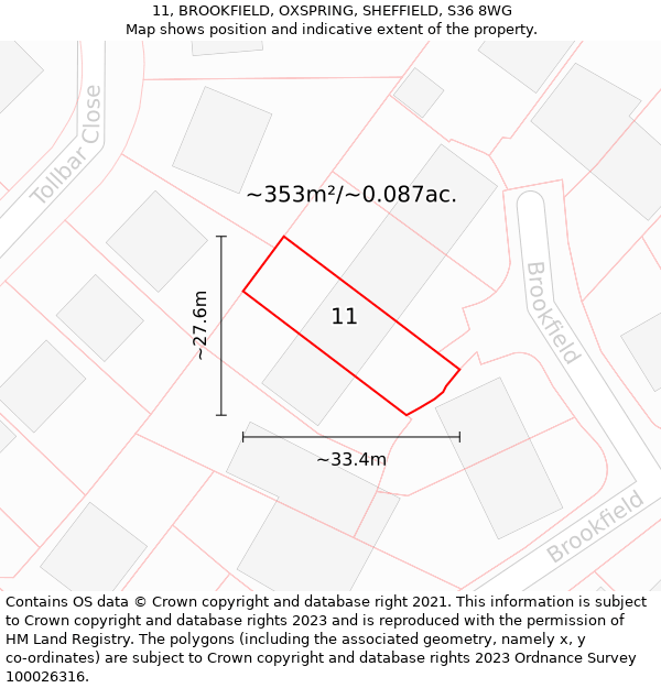 11, BROOKFIELD, OXSPRING, SHEFFIELD, S36 8WG: Plot and title map