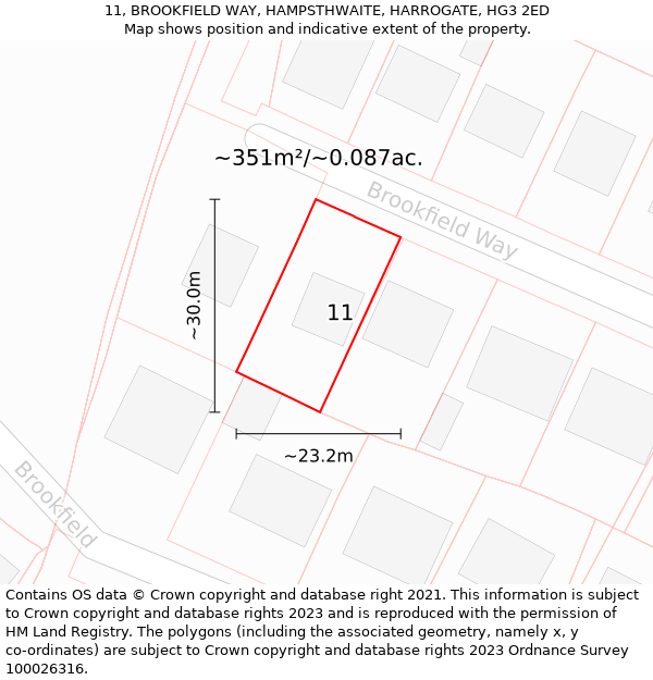 11, BROOKFIELD WAY, HAMPSTHWAITE, HARROGATE, HG3 2ED: Plot and title map